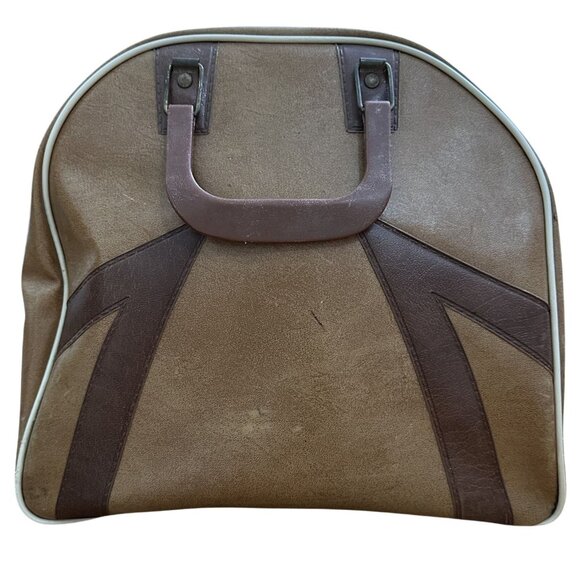 Vintage Brunswick Bowling Ball Bag Two Tone Faux Leather Tan Brown Retro Handles - Picture 6 of 9